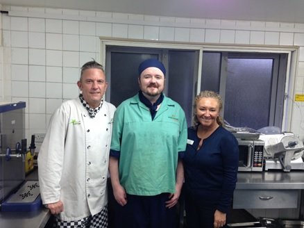 James Sweeney (Head chef), Mark Peel (Kitchen assistant), and Alison Dixon (Care home manager).