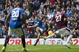 Rangers' Ryan Hardie has a shot at goal during the Ladbrokes Premiership match at Ibrox Stadium, Glasgow.